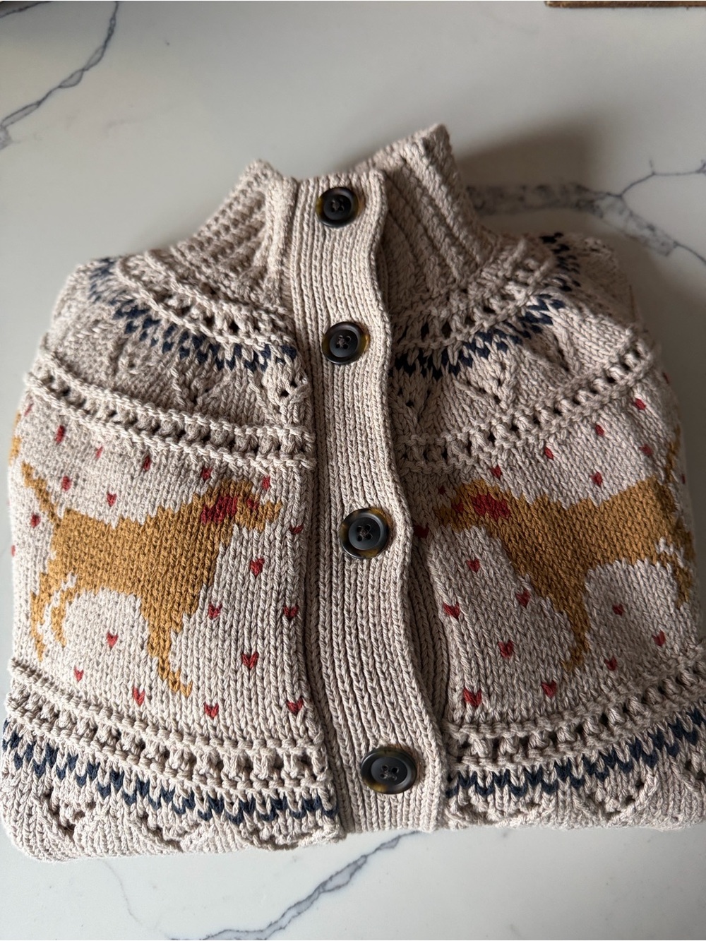 Signature khaki Knit Button-Front Cardigan with Mustard Dog Motif